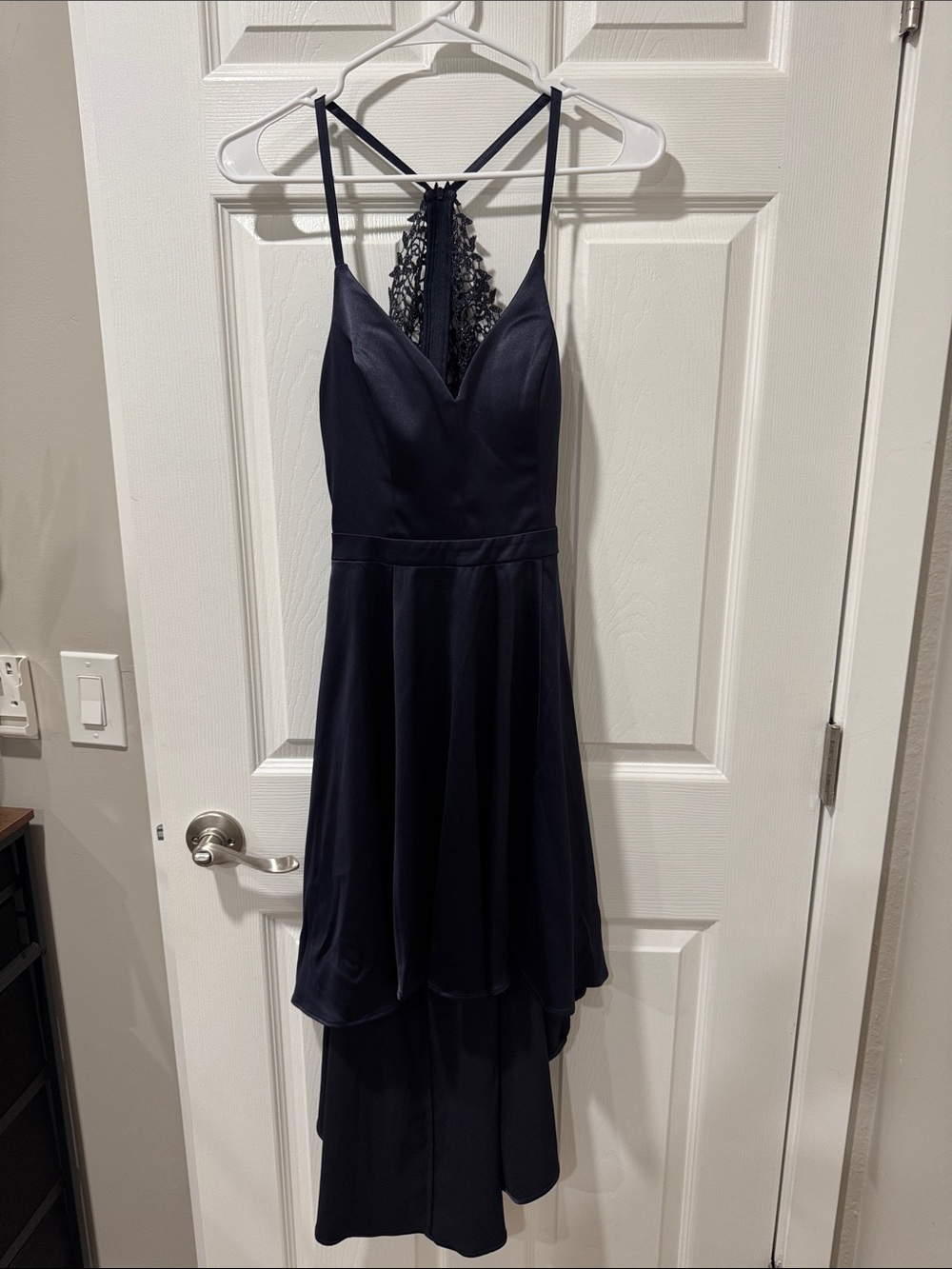 Navy Lace-Back Spaghetti Strap Hi-Low Dress